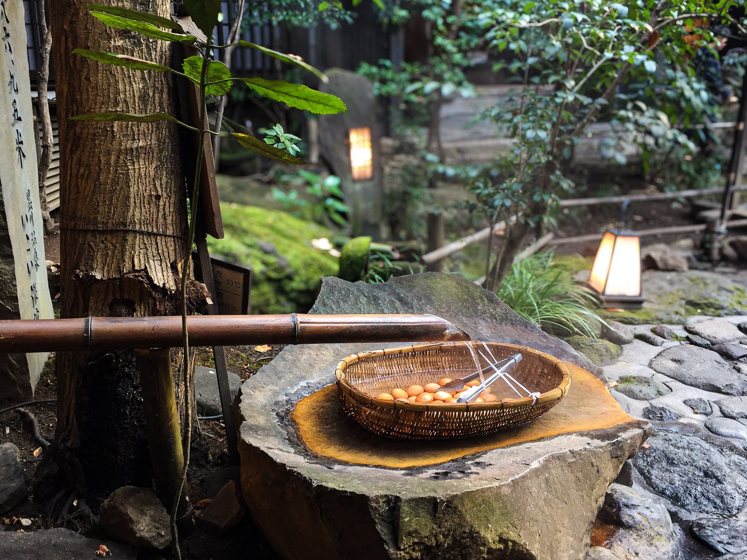 Hard-boiled eggs in hot spring water